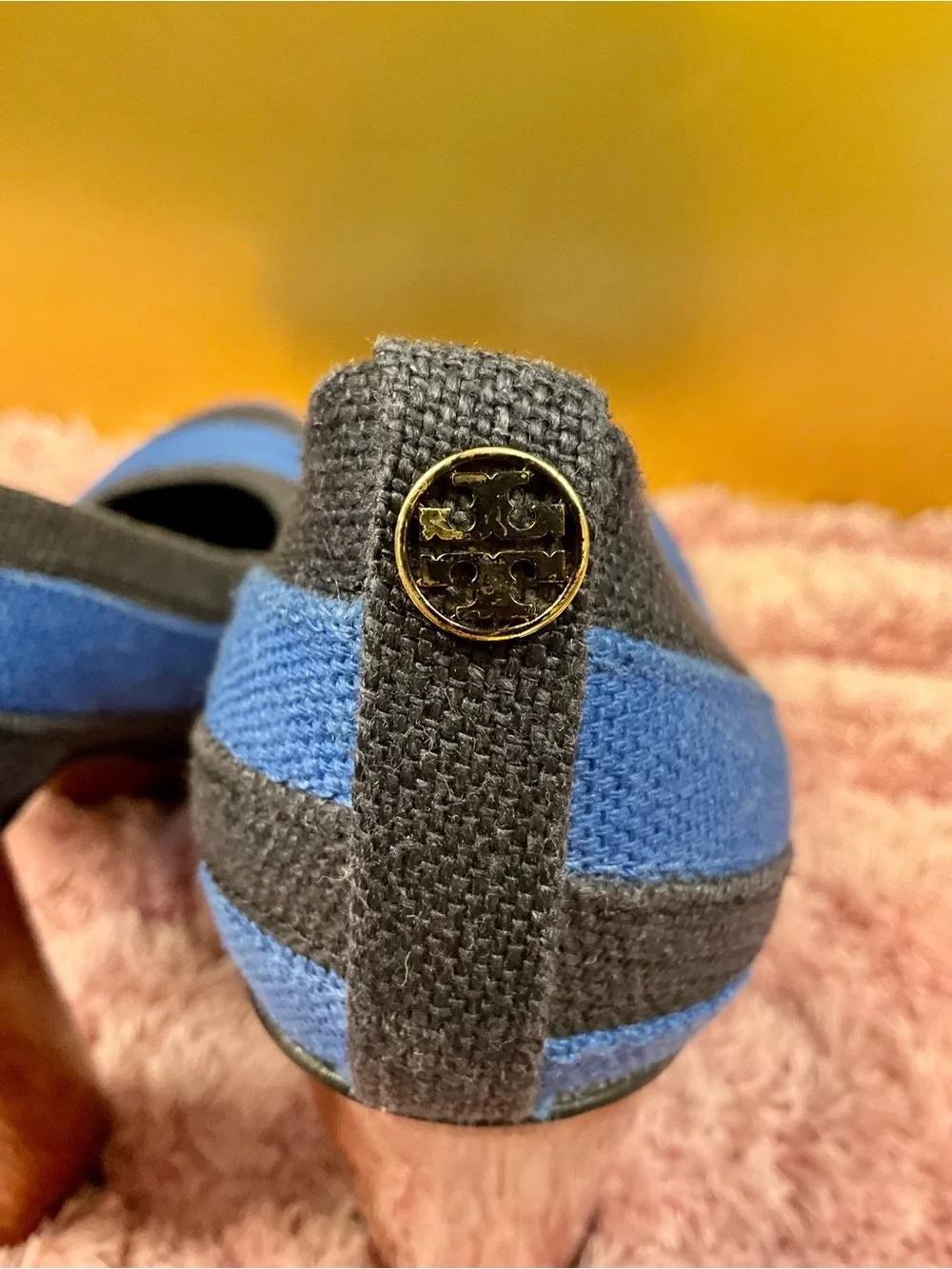 Tory Burch Blue and Black Striped Platform Pumps